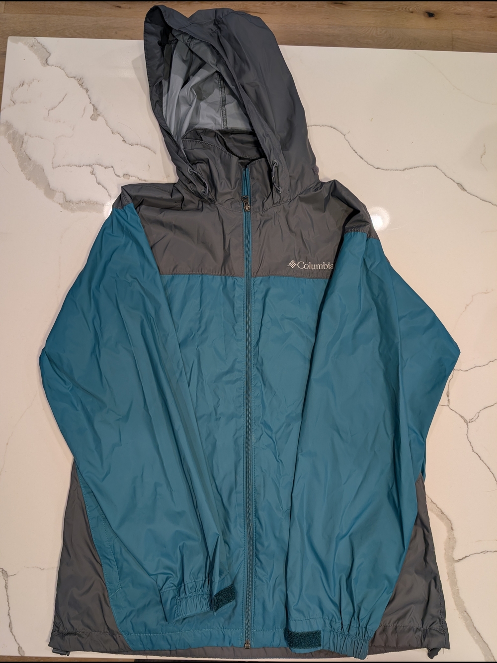 Men's Columbia Teal and Gray Hooded Rain Jacket